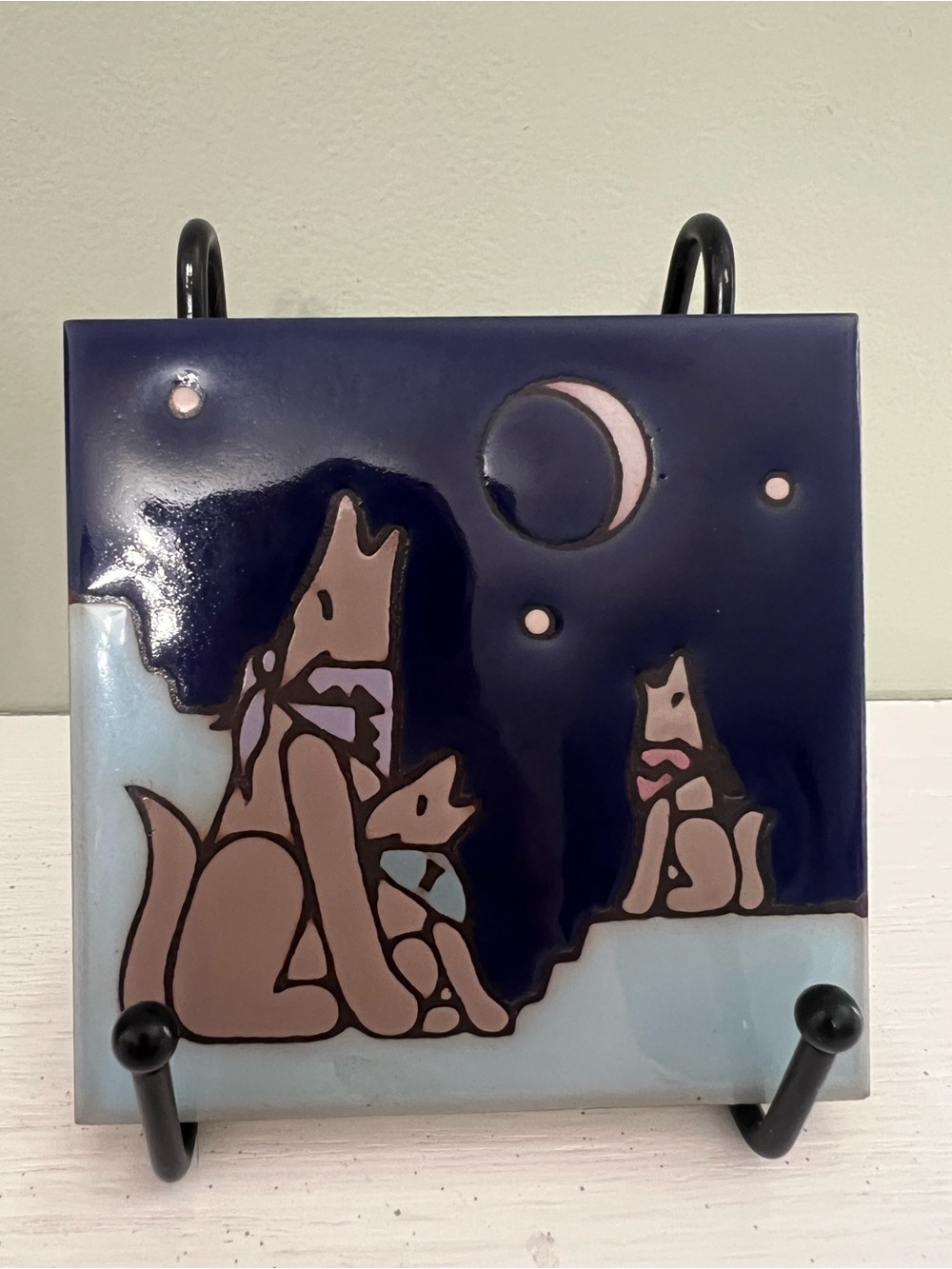 Masterworks Handcrafted Art Tile Trivet Cobalt Moon Howling Wolf Ceramic Italy